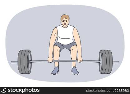 Strong sportsman lift heavy barbell train workout in gym follow healthy lifestyle. Powerful motivated male heavylifter do sport exercise with weights. Strength and durability. Vector illustration. . Strong sportsman training in gym with barbell