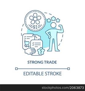 Strong trade turquoise concept icon. Expanding market abstract idea thin line illustration. Trading agreement. Isolated outline drawing. Editable stroke. Roboto-Medium, Myriad Pro-Bold fonts used. Strong trade turquoise concept icon