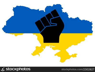 Strong Ukraine. Raised fist in map on blue and yellow Ukrainian national colour. Freedom and support Ukraine nation. Patriotic spirit - rising human hand. Stop war between Russia and peace Ukraine. Strong Ukraine. Raised fist in map on blue and yellow Ukrainian national colour. Freedom and support Ukraine nation. Patriotic spirit - rising human hand. Stop war between Russia and peace Ukraine.