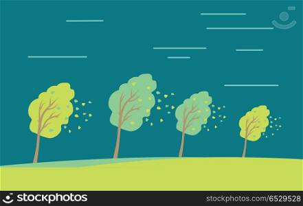 Strong Wind and Heavy Rainstorm in the Forest.. Strong wind and heavy rainstorm in the forest. Heavy shower, downpour, cloudburst fall down leaves from trees. Autumn concept. Wind blowing in the park. Vector illustration in flat style