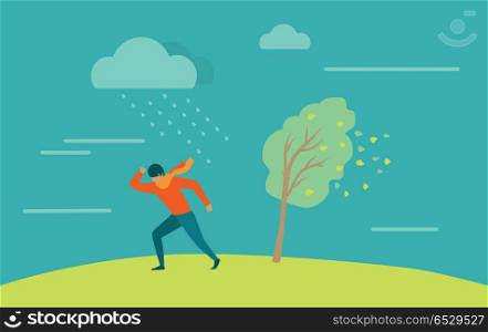 Strong Wind and Rainstorm. Heavy Shower, Downpour. Strong wind and heavy rainstorm. Heavy shower, downpour, cloudburst. Natural disaster. Deadly wind ruins everything. Hurricane damages person. Moderate or violent rain. Vector illustration