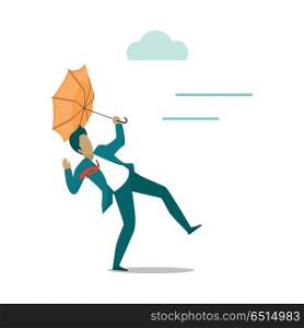 Strong wind Blowing on Man with Umbrella. Vector. Strong wind blowing on man with umbrella and turned it out. Natural disaster. Deadly strong wind ruins everything. Hurricane damages person s life. Catastrophe caused wind. Vector illustration