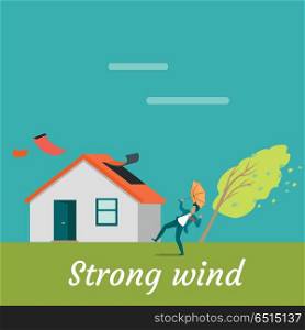 Strong Wind Destroying House and Killing Man. Strong wind destroying house and killing man. Natural disaster. Deadly wind near house ruins everything. Hurricane damages village cottage. Catastrophe caused by strong wind. Vector illustration