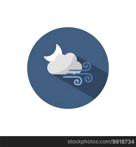 Strong wind, moon and cloud. Flat color icon on a circle. Weather vector illustration