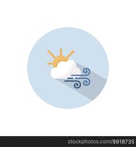 Strong wind, sun and cloud. Flat color icon on a circle. Weather vector illustration