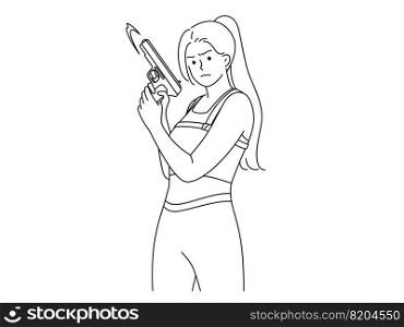 Strong woman in uniform holding gun in hands. Decisive female with shotgun show power and strength. Vector illustration. . Woman in uniform holding gun 