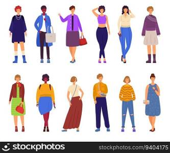 Strong women. Happy female and feminist characters. Confident girls group. Friendship or sisterhood. Nowaday friends. Isolated standing young persons in fashion casual outfits. Vector cartoon flat set. Strong women. Happy female and feminist characters. Girls group. Friendship or sisterhood. Nowaday friends. Standing young persons in fashion casual outfits. Vector cartoon flat set