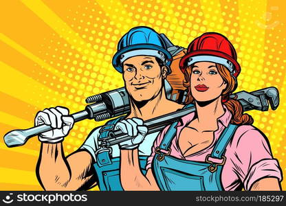 strong workers, man and woman. labor day. equality. Pop art retro vector illustration vintage kitsch. strong workers, man and woman. labor day. equality