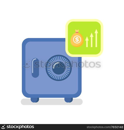 Strongbox with finance assets of clients vector, locked object f steel with money and savings of people, banking and bank services infocharts flat style. Strongbox Made of Steel, Dollars in Bag, Infochart