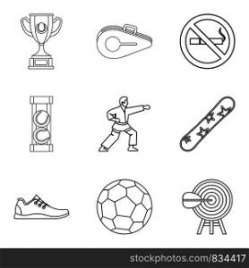 Strongest athlete icons set. Outline set of 9 strongest athlete vector icons for web isolated on white background. Strongest athlete icons set, outline style