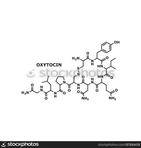 Structural chemical formula of oxytocin hormone of love and closeness isolated thin line biochemistry structure. Vector oxytocin happiness love hormone structural chemical formula, line art design. Oxytocin chemical formula, love closeness hormone