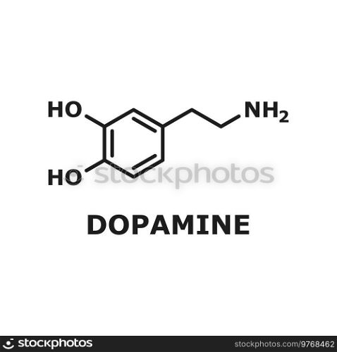 Structural chemical molecular formula of dopamine hormone isolated neurotransmitter thin line structure. Vector dopamine DA dihydroxyphenethylamine neuromodulatory molecule catecholamine. Dopamine human hormone molecule chemical structure
