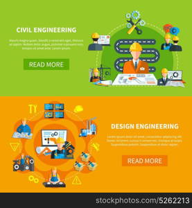 Structural Design Work Banners. Engineering banners collection with construction projection pictograms and factory worker flat compositions with read more button vector illustration