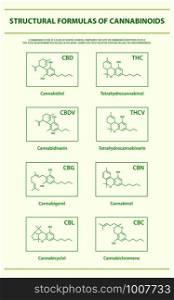 Structural Formulas of Main Natural Cannabinoids vertical infographic illustration about cannabis as herbal alternative medicine and chemical therapy, healthcare and medical science vector.