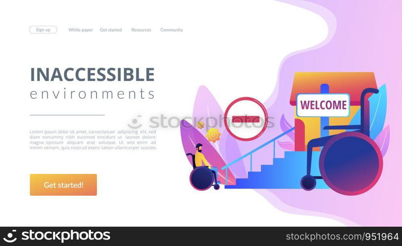 Structural obstacles. Prevent access, block mobility. Inaccessible environments, physical mobility barriers, problems of disabled people concept. Website homepage landing web page template.. Inaccessible environments concept landing page