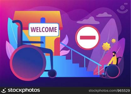 Structural obstacles. Prevent access, block mobility. Inaccessible environments, physical mobility barriers, problems of disabled people concept. Bright vibrant violet vector isolated illustration. Inaccessible environments concept vector illustration