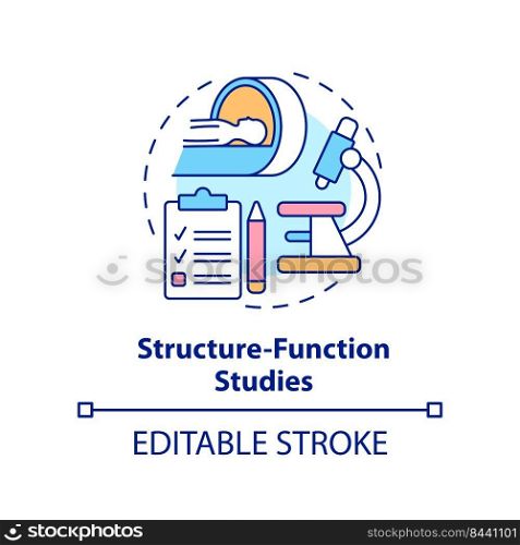 Structure function studies concept icon. Pandemic preparedness preclinical research abstract idea thin line illustration. Isolated outline drawing. Editable stroke. Arial, Myriad Pro-Bold fonts used. Structure function studies concept icon