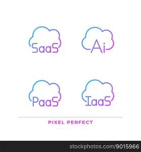 Structure of cloud computing pixel perfect gradient linear vector icons set. Virtual services for data. Thin line contour symbol designs bundle. Isolated outline illustrations collection. Structure of cloud computing pixel perfect gradient linear vector icons set