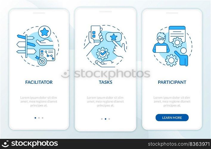Structure of usability test session blue onboarding mobile app screen. Walkthrough 3 steps editable graphic instructions with linear concepts. UI, UX, GUI template. Myriad Pro-Bold, Regular fonts used. Structure of usability test session blue onboarding mobile app screen