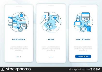 Structure of usability test session blue onboarding mobile app screen. Walkthrough 3 steps editable graphic instructions with linear concepts. UI, UX, GUI template. Myriad Pro-Bold, Regular fonts used. Structure of usability test session blue onboarding mobile app screen