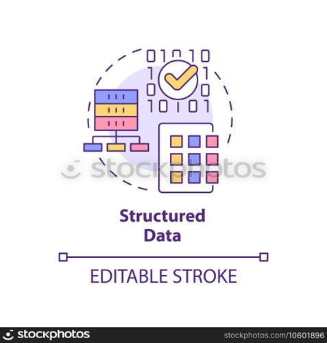 Structured data concept icon. Big data type abstract idea thin line illustration. Machine learning algorithm. Isolated outline drawing. Editable stroke. Arial, Myriad Pro-Bold fonts used. Structured data concept icon