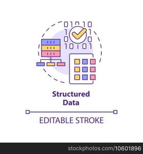 Structured data concept icon. Big data type abstract idea thin line illustration. Machine learning algorithm. Isolated outline drawing. Editable stroke. Arial, Myriad Pro-Bold fonts used. Structured data concept icon
