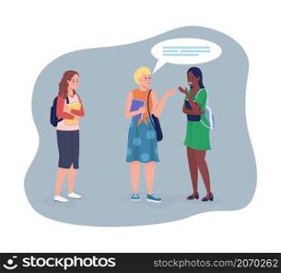 Struggling to make besties in school 2D vector isolated illustration. Social awkwardness. Schoolgirl being ignored by teenagers flat characters on cartoon background. Social failure colourful scene. Struggling to make besties in school 2D vector isolated illustration