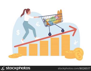 Struggling with high grocery prices 2D vector isolated spot illustration. Angry consumer with shopping cart flat character on cartoon background. Colorful editable scene for mobile, website, magazine. Struggling with high grocery prices 2D vector isolated spot illustration