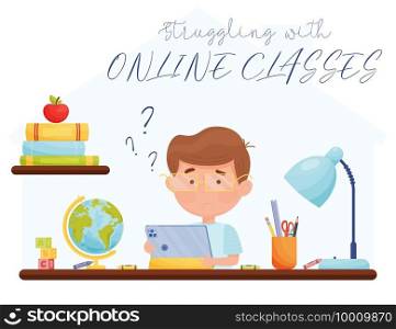 Struggling with online classes. Confused boy during online classes. Remote learning concept. vector illustration.