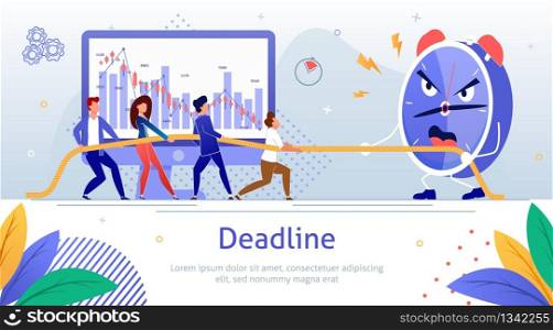 Struggling with Project Deadline Flat Vector Banner Template with Businesspeople, Company Employees Team Pulling Rope Against Angry Alarm Clock, Fighting to Finish Work Before Deadline Illustration