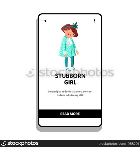 Stubborn Girl Kid Wanting Buy Toy In Store Vector. Unhappy Stubborn Girl Child With Serious Face. Character Little Schoolgirl Capricious Mood Looking Strictly Web Flat Cartoon Illustration. Stubborn Girl Kid Wanting Buy Toy In Store Vector