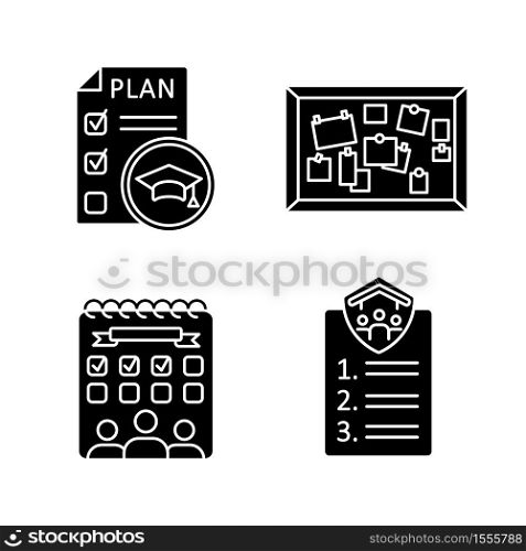 Student activities black glyph icons set on white space. Educational plan. Flatmates agreement. University entertainment. College events. Silhouette symbols. Vector isolated illustration. Student activities black glyph icons set on white space