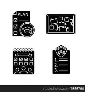 Student activities black glyph icons set on white space. Educational plan. Flatmates agreement. University entertainment. College events. Silhouette symbols. Vector isolated illustration. Student activities black glyph icons set on white space
