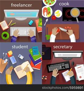 Student and freelancer, cook and secretary. Office desk, desktop and workplace, work and workstation, office workspace, table and workspace illustration