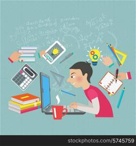Student at notebook computer with mathematics symbols and formula on the background vector illustration