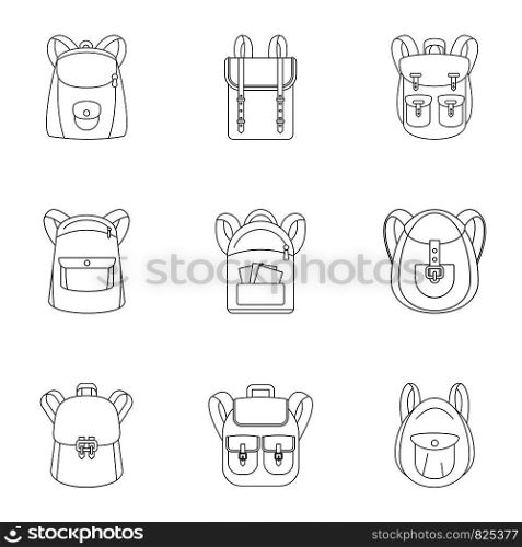 Student backpack icon set. Outline set of 9 student backpack vector icons for web design isolated on white background. Student backpack icon set, outline style
