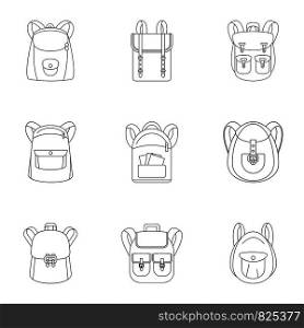 Student backpack icon set. Outline set of 9 student backpack vector icons for web design isolated on white background. Student backpack icon set, outline style