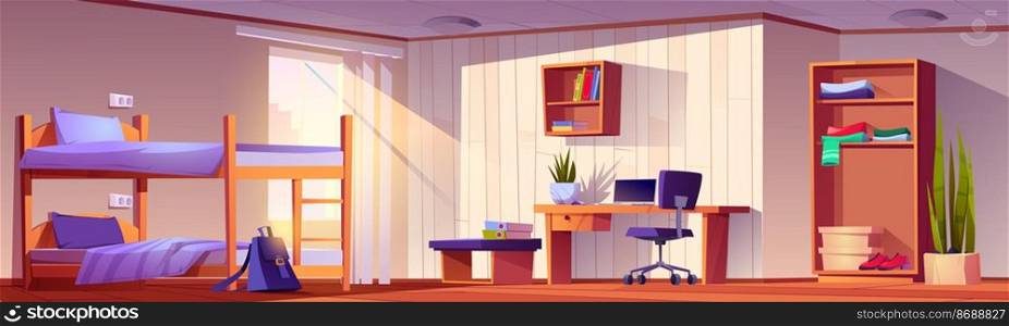Student bedroom in dormitory with bunk bed, computer on desk, chair, wardrobe and bookshelf. Empty interior of college or university dorm, accommodation, living apartment, Cartoon vector illustration. Student bedroom in dormitory with bunk bed, dorm
