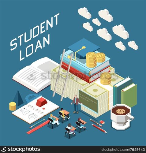 Student beneficial loan packages isometric composition with textbooks academic graduation cap on pile of banknotes vector illustration