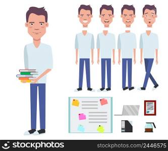 Student boy holding stack of books character set with different poses, emotions, gestures. Part of body, laptop, diploma, coffee pot, folder. Can be used for topics like studying, education, knowledge