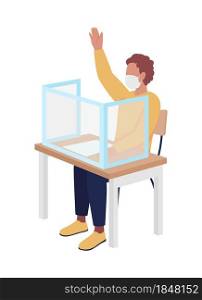 Student boy in mask at lesson semi flat color vector character. Schoolboy figure. Full body person on white. After pandemic isolated modern cartoon style illustration for graphic design and animation. Student boy in mask at lesson semi flat color vector character