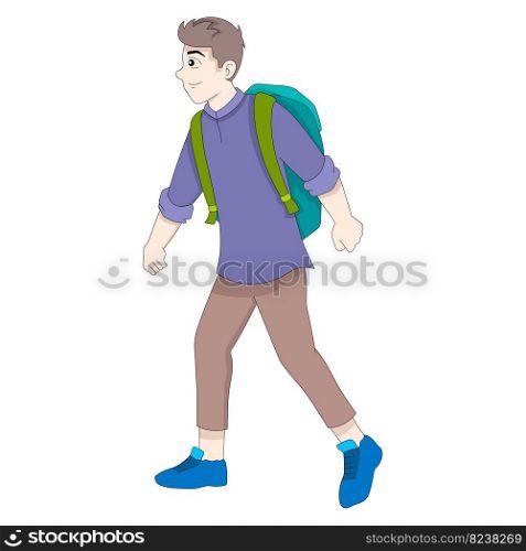 student boy wearing a bag is traveling around the world countries. vector design illustration art