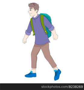 student boy wearing a bag is traveling around the world countries. vector design illustration art