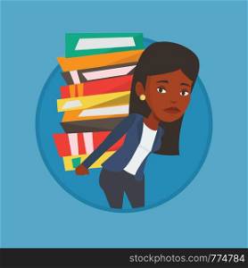 Student carrying a heavy pile of books on back. Student walking with huge stack of books. Student preparing for exam with books. Vector flat design illustration in the circle isolated on background.. Student with pile of books vector illustration.