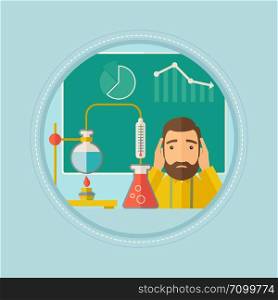 Student carrying out experiment in science class. Student working at laboratory class. Student clutching head at chemistry class. Vector flat design illustration in the circle isolated on background.. Student working at laboratory class.