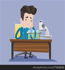 Student carrying out experiment. Student working at laboratory class. Student clutching his head at chemistry class because of failed experiment. Vector flat design illustration. Square layout.. Student working at laboratory class.