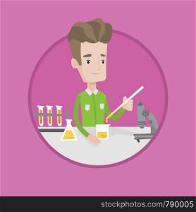 Student carrying out experiment. Student working with test tubes in laboratory class. Student experimenting in laboratory class. Vector flat design illustration in the circle isolated on background.. Student working in laboratory class.