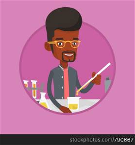 Student carrying out experiment. Student working with test tubes in laboratory class. Student experimenting in laboratory class. Vector flat design illustration in the circle isolated on background.. Student working in laboratory class.