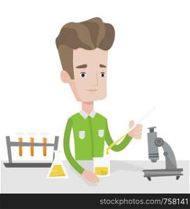 Student carrying out laboratory experiment. Student working with microscope at laboratory class. Student experimenting in laboratory. Vector flat design illustration isolated on white background.. Student working at laboratory class.