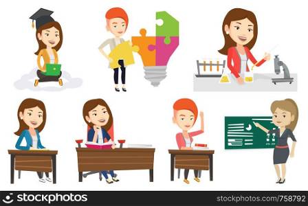 Student carrying out laboratory experiment. Student working with microscope at laboratory class. Girl experimenting in laboratory. Set of vector flat design illustrations isolated on white background.. Vector set of student and teachers characters.